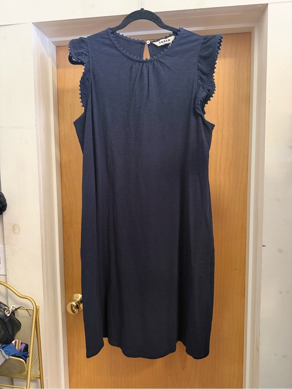 Boden Women’s Navy 100% Cotton Ruffle Sleeve Pom Pom Trim Dress. Size: 12L - Picture 2 of 5